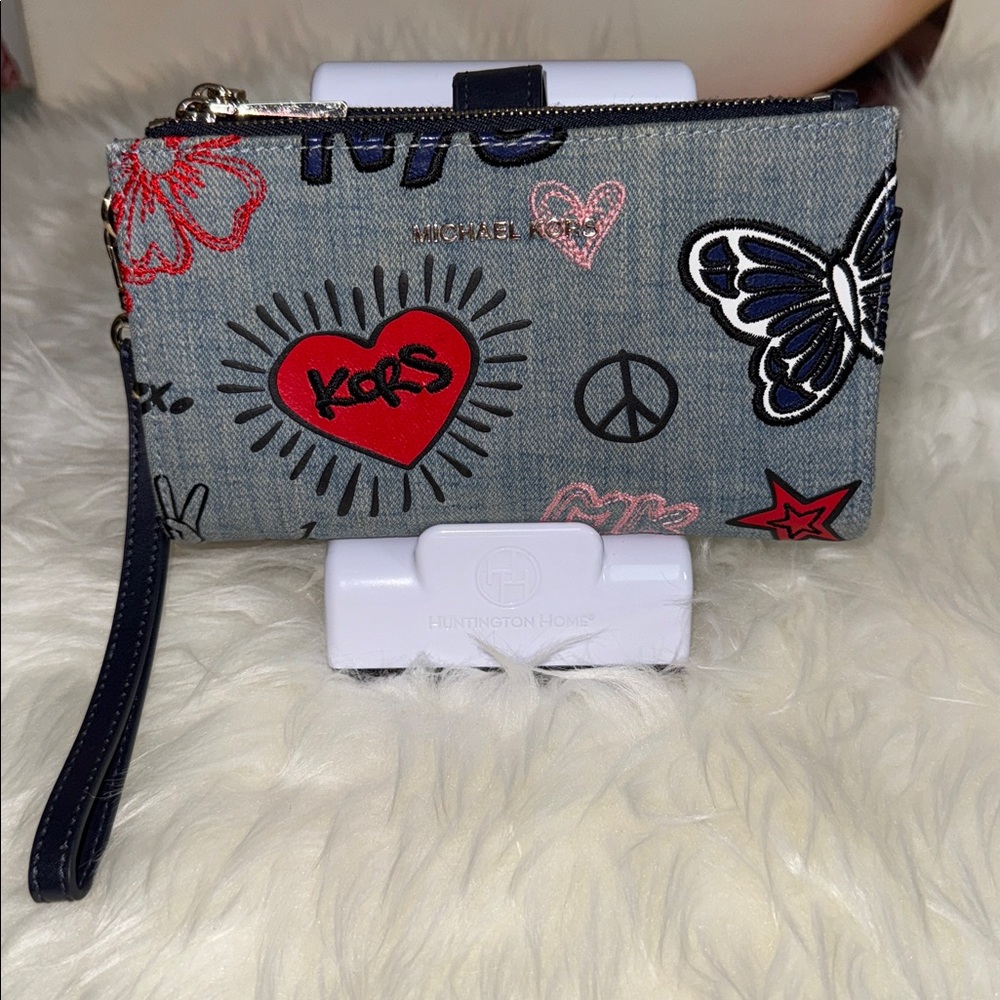 Michael Kors Blue Denim Wristlet/Wallet with Colorful Embroidery